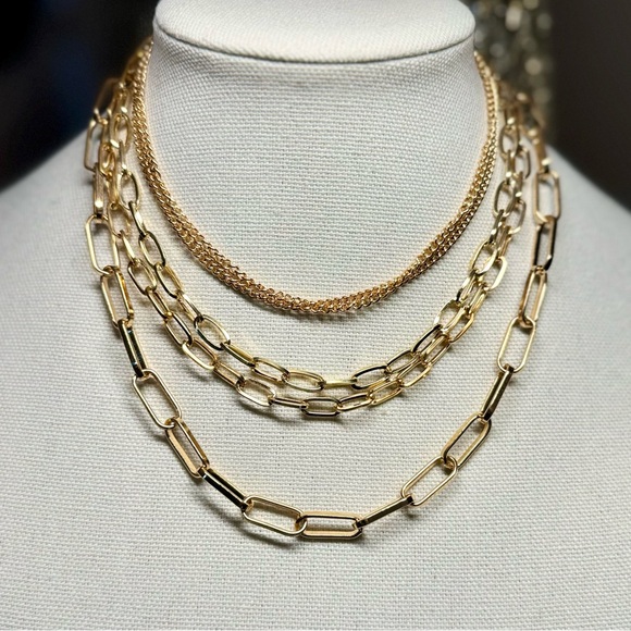NEW! 14K Gold 5 Layered Paperclip Chains Choker Necklace Adjustable - Picture 7 of 15